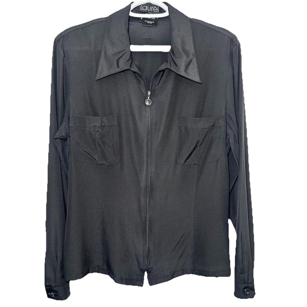 Laurel 100% Silk Black Zip Front Blouse Jacket Womens 40 Minimalist Career US 8